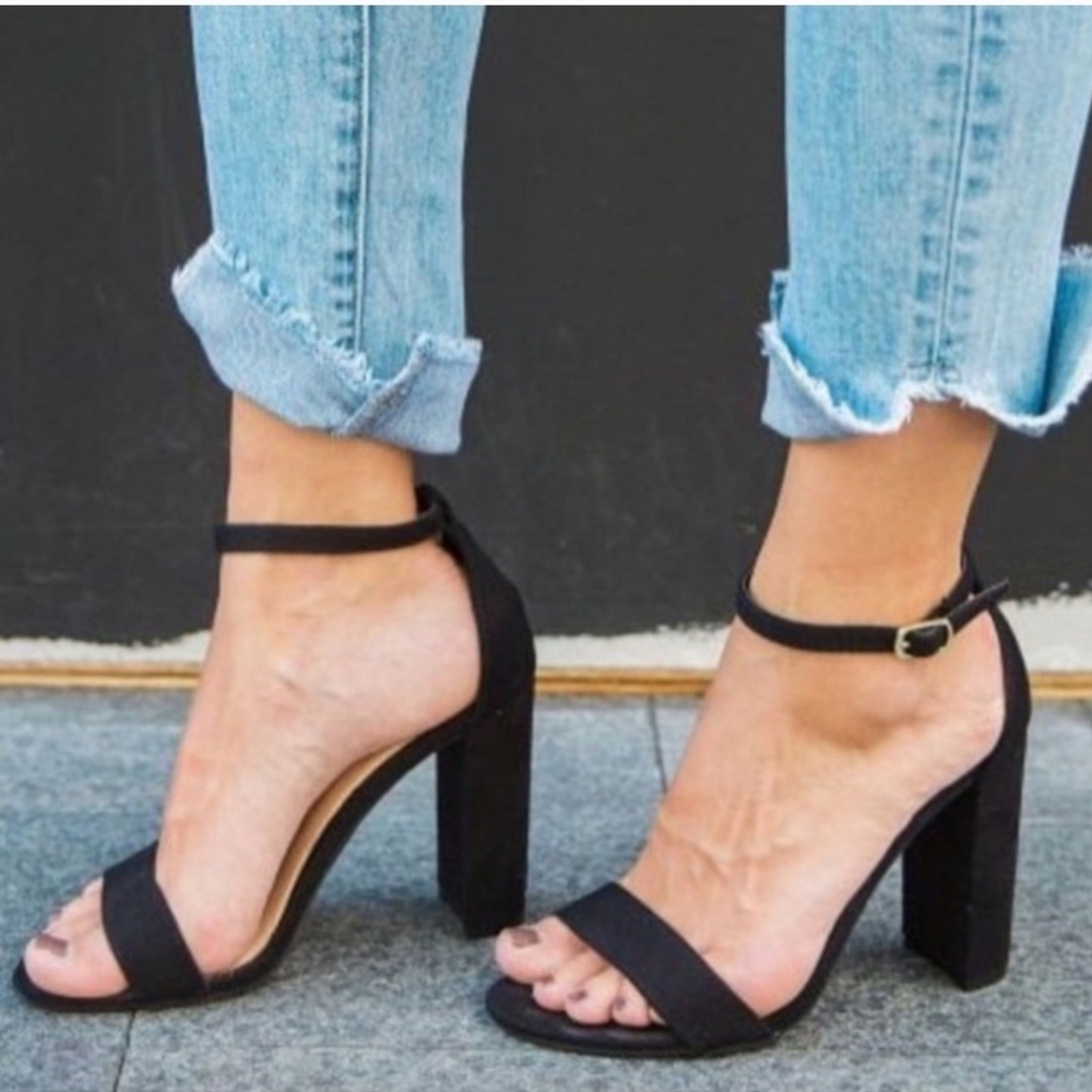 Brash Black Ankle-Strap Block Heels
